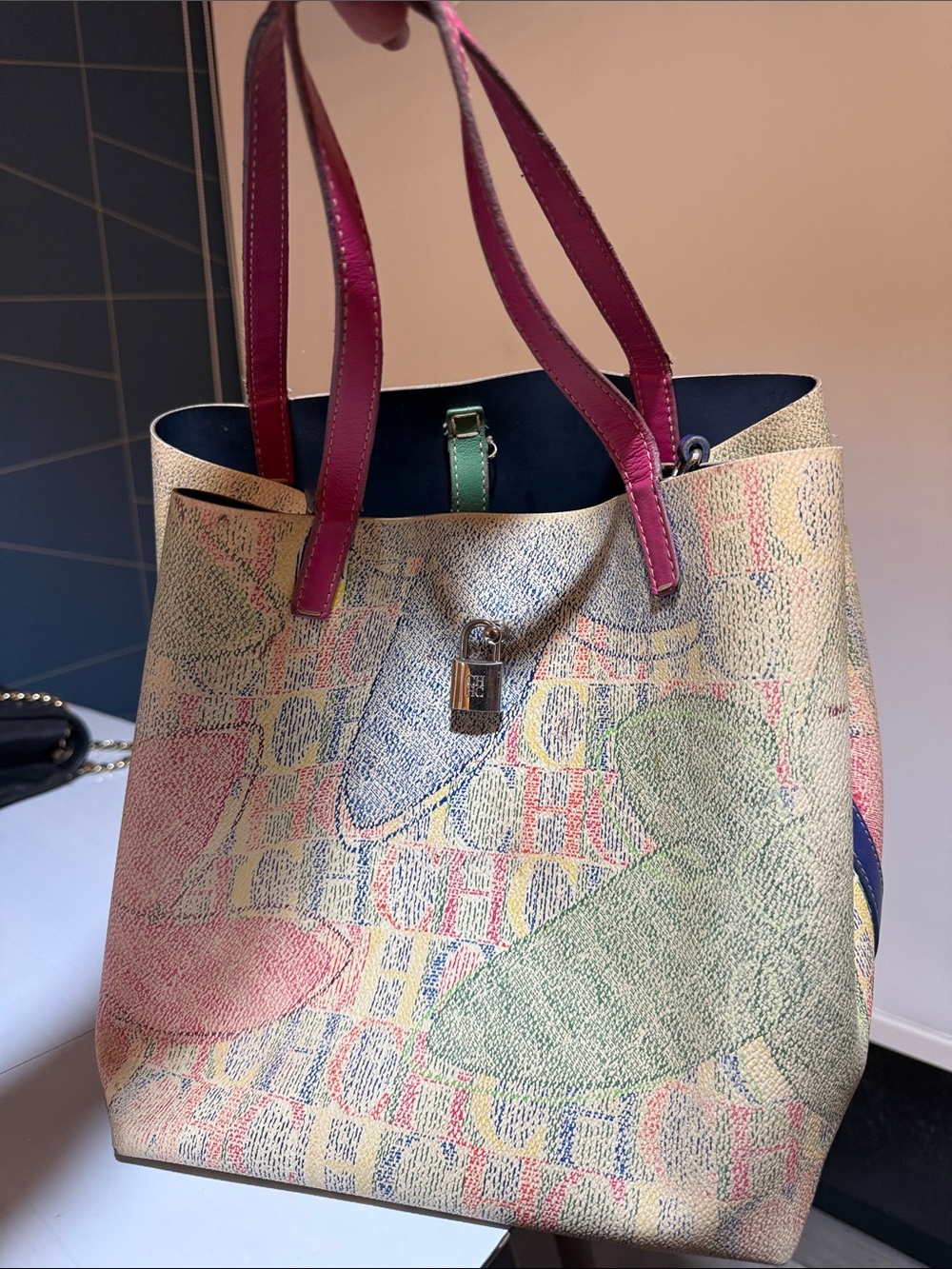 Carolina Herrera Pastel Printed Canvas Tote with Pink Handles